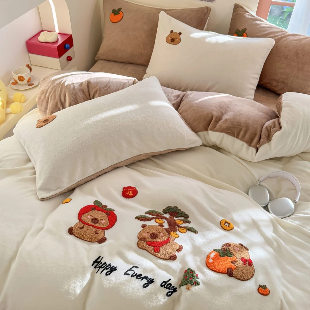 青松卡皮A类牛奶绒四件套毛巾绣被套床单加厚双面绒冬季保暖被罩