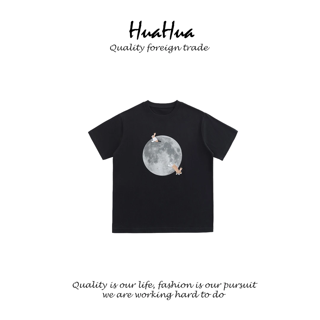 HUADU 【圆月兔兔】100%棉复古圆领黑色短袖T恤刺绣小兔子 DU5202