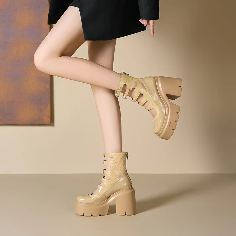 秋季12cm百搭时尚增高女靴小个子镂空时装靴英伦风粗跟增高女靴
