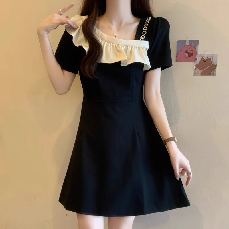 法式撞色荷叶边短袖小黑裙女夏季大码高级感显瘦连衣裙