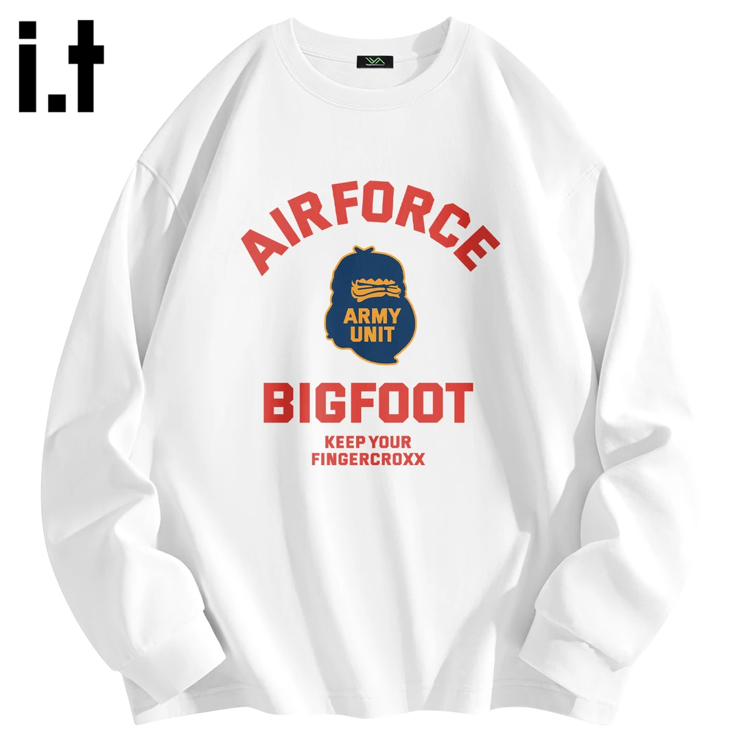 it FINGERCROXX美式重磅体恤男士秋季纯棉长袖T恤潮牌白色打底衫