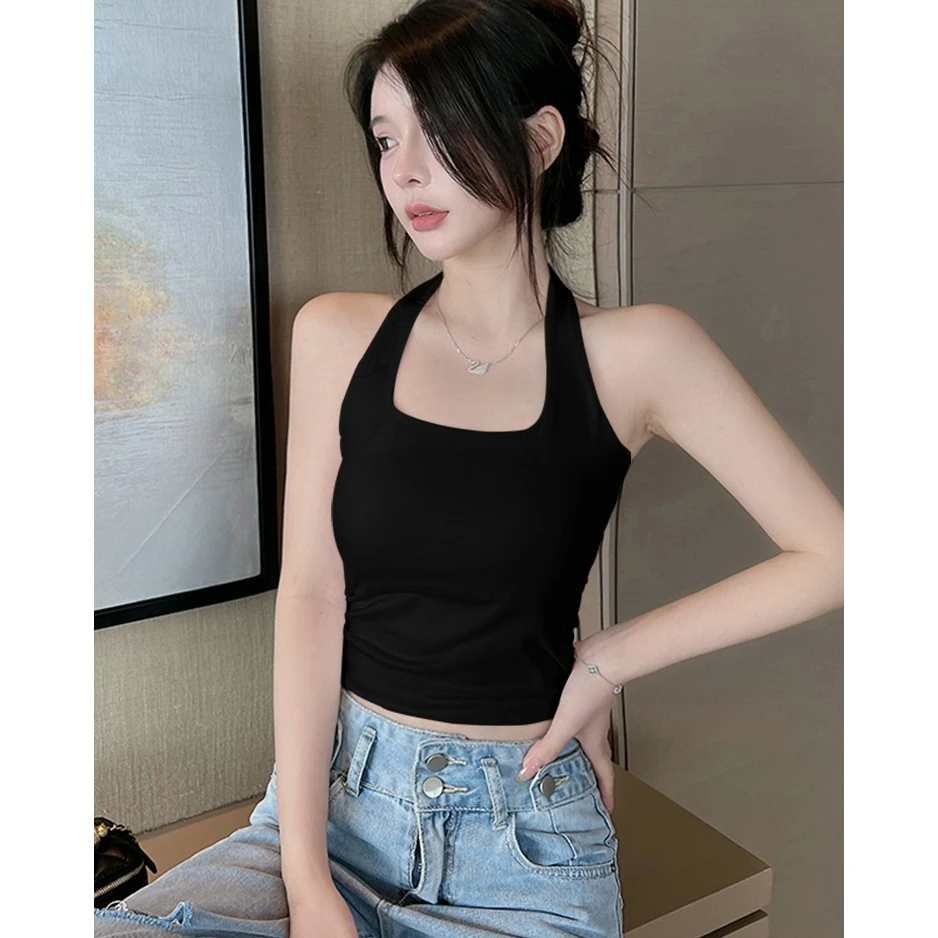拉夏贝尔黑色纯棉挂脖吊带背心女内搭夏季外穿美背短款抹胸独特别