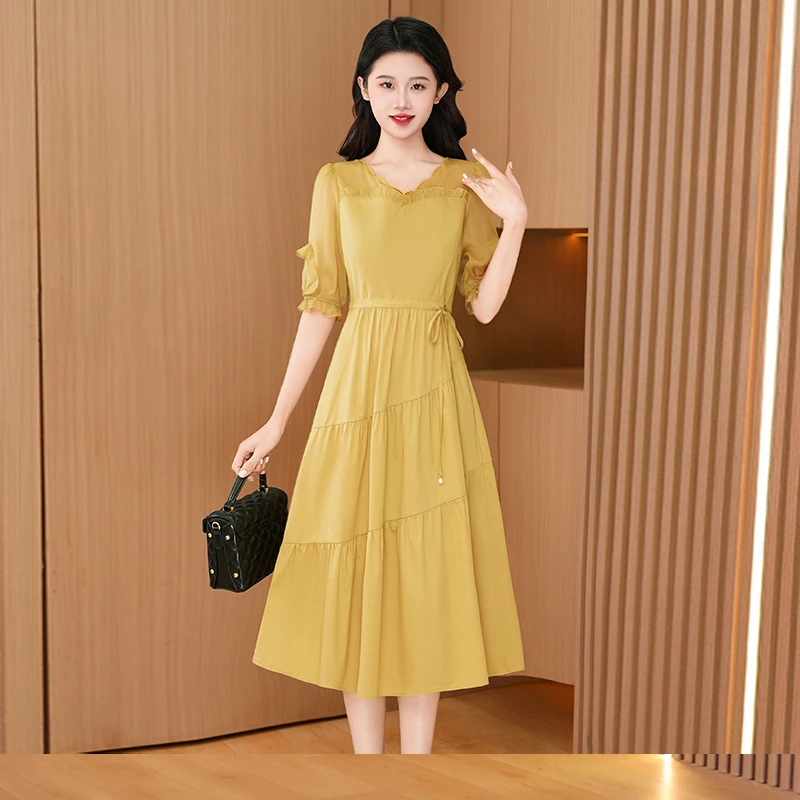 芙【秋香黄】优雅新款气质时尚减龄休闲收腰显瘦连衣裙25229-ZT3