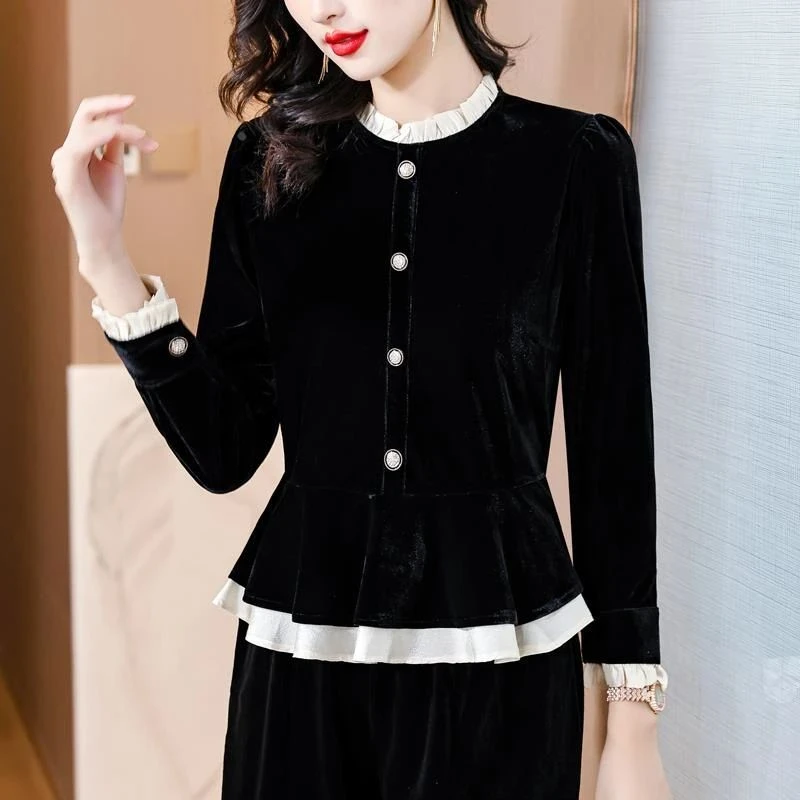 【启科】2025法式立领金丝绒上衣女春秋年新款时尚洋气黑色内搭遮肚