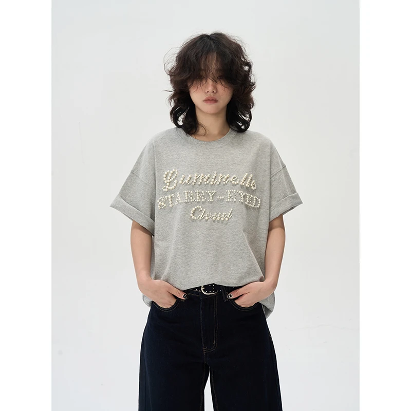 Luminelle 珍珠美式短袖T恤男女夏季重磅270G情侣宽松上衣体恤
