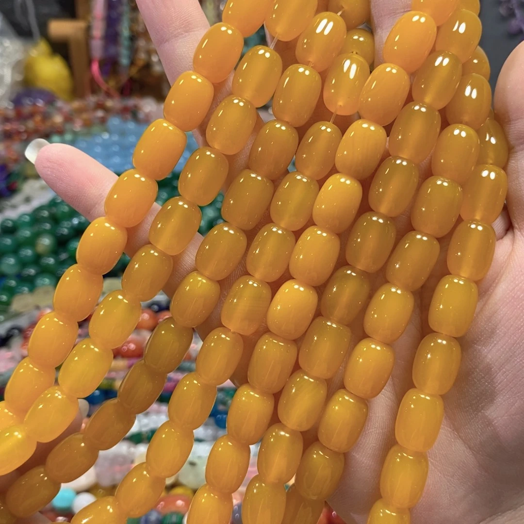 玛瑙/玉髓足银镀金镶嵌珠宝半成品鸡油黄玛瑙桶珠一条卡10*14mm