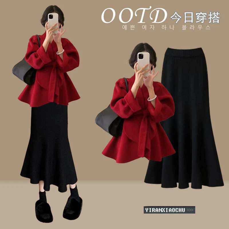今年流行安可拉红一整套女2024秋冬新款气质收腰外套鱼尾裙两件套