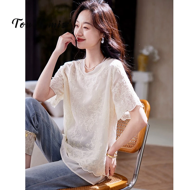 TOUCH MISS圆领刺绣短袖雪纺衫2025夏季新款时尚气质减龄休闲百搭