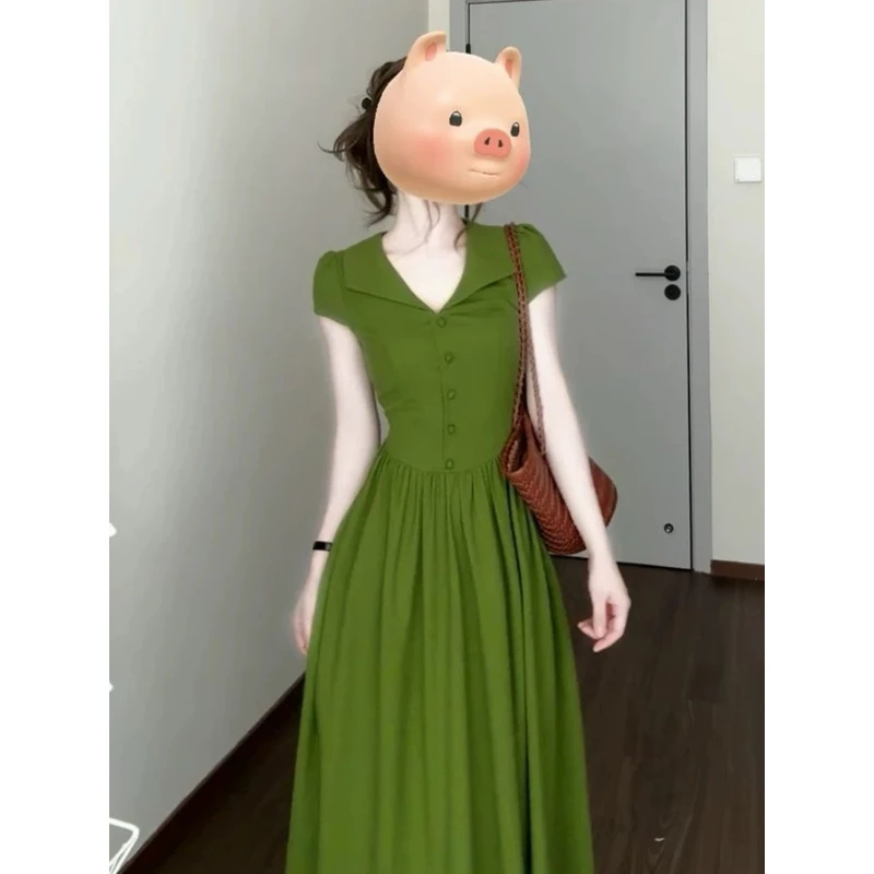 ②赫本风复古绿色短袖连衣裙设计感娃娃领修身收腰长裙夏1010#