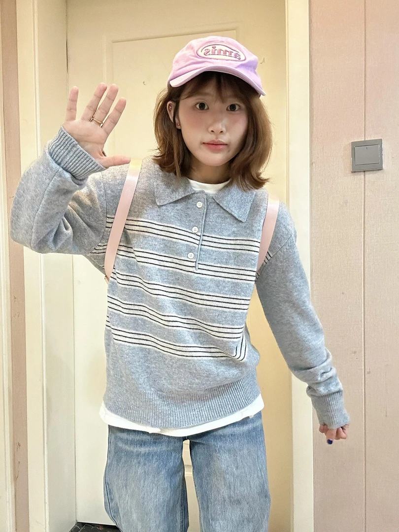【不吃奶糖】韩系ins风条纹翻领上衣减龄显瘦毛衣蓝色牛仔裤套装