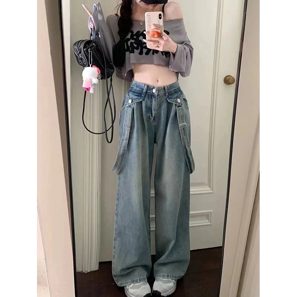 欧美风秋季时尚百搭显瘦舒适高腰复古韩版设计感轻奢宽松牛仔裤女