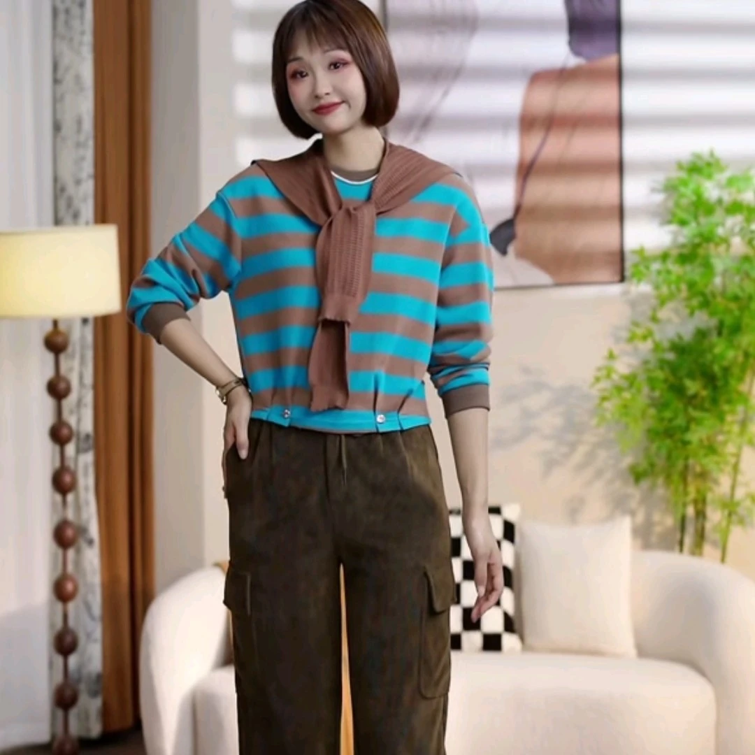 T053春秋休闲时尚条纹卫衣灯芯绒卫裤针织披肩两件套DM7