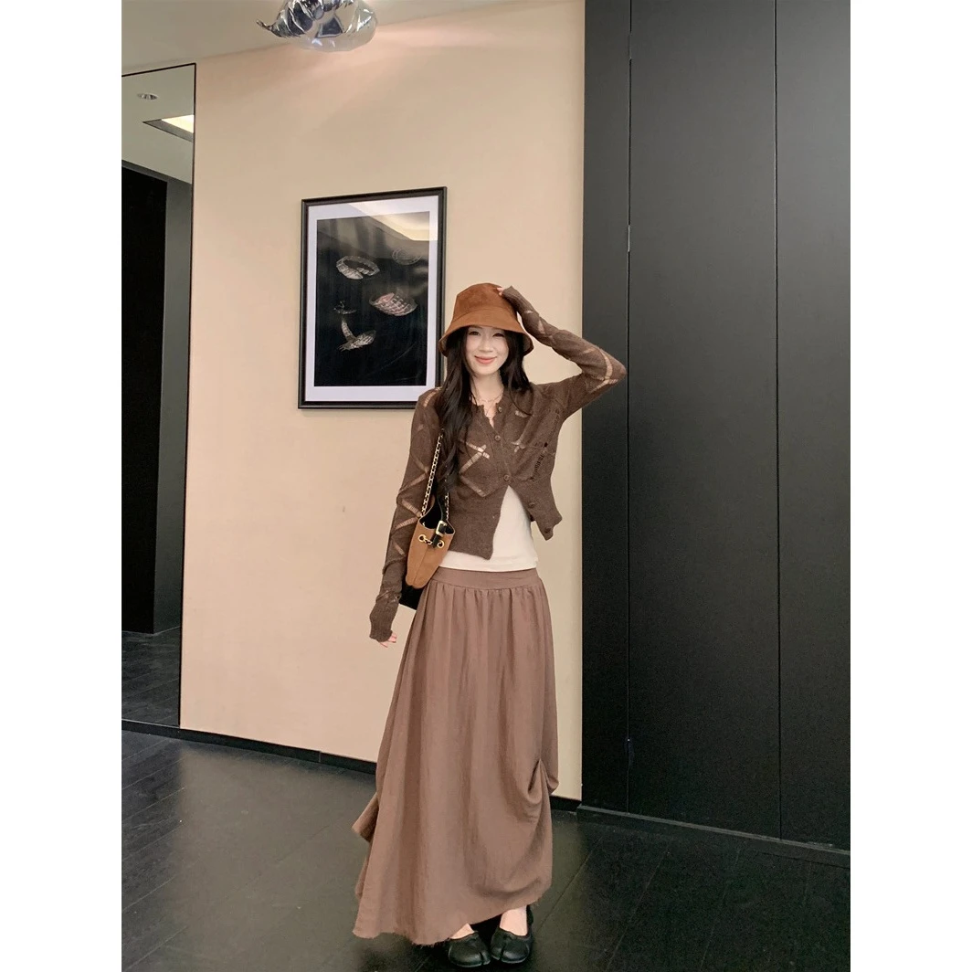 镂空外针织开衫复古褶皱宽松不规则半身裙2025秋季新款套装女潮