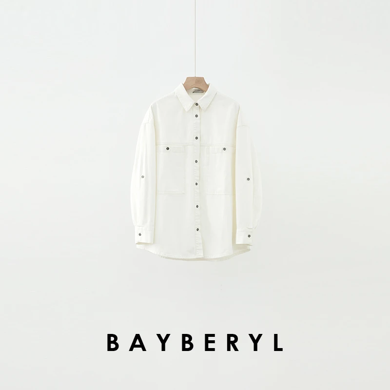 BAYBERYL老贝白色秘境*翻领双口袋单排扣衬衫外套MF4L0401