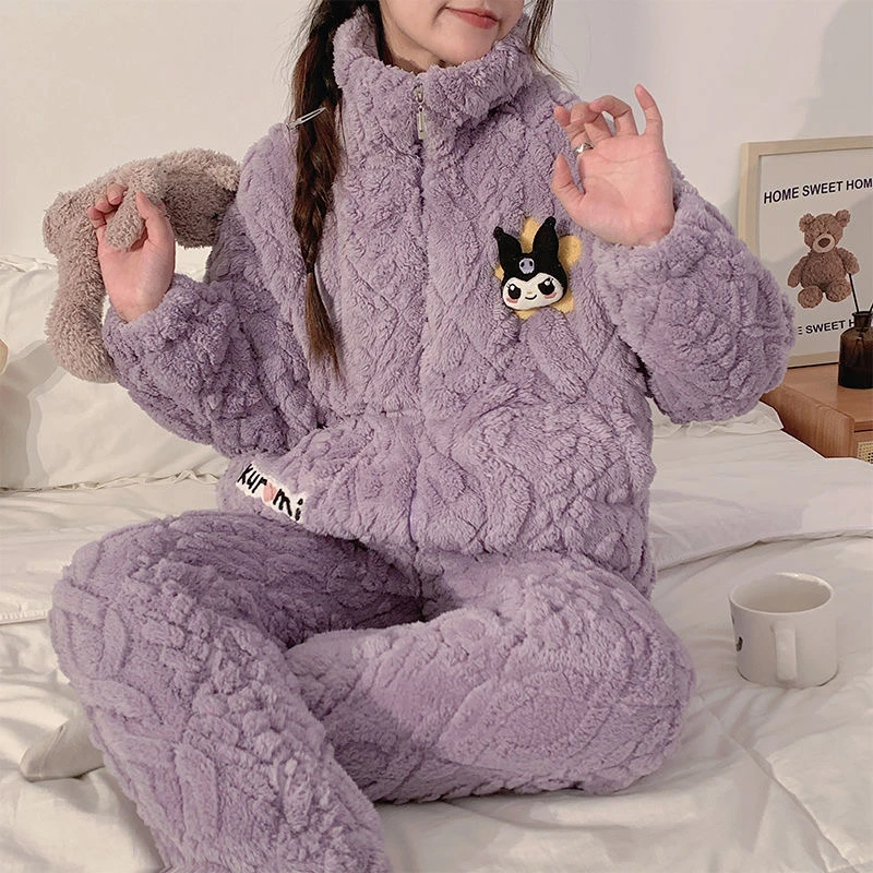 库洛米睡衣女秋冬季新款三层夹棉加绒加厚家居服睡衣套装