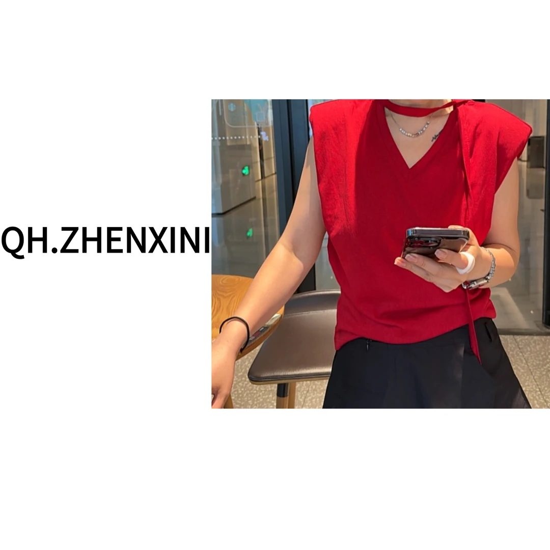 Q后严选.【晨露玫瑰】V领肩带无袖T恤夏季休闲时尚纯色百搭93586