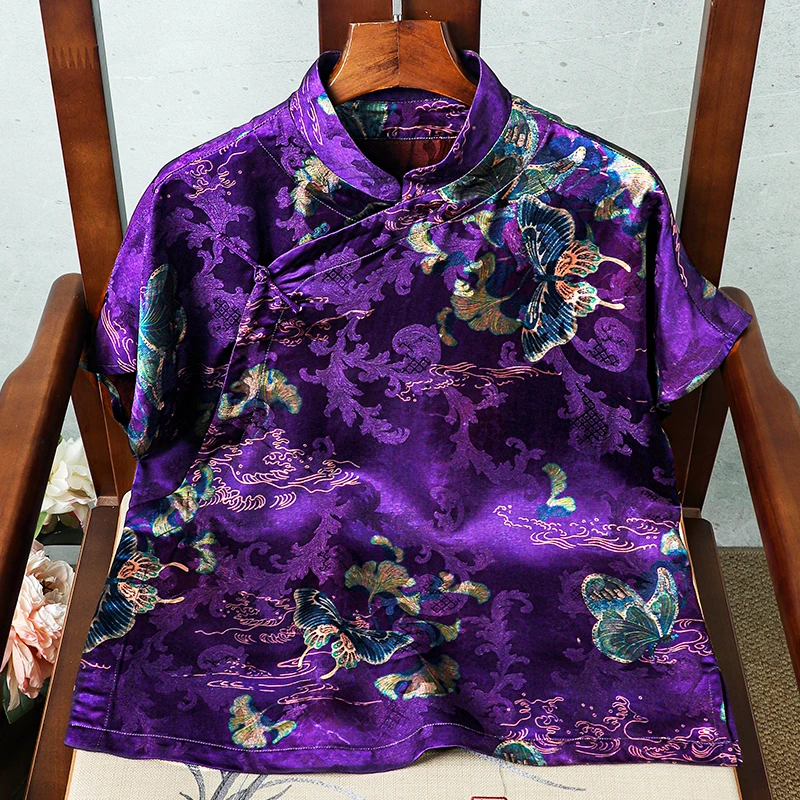 新款花萝短袖新中式旗袍领衬衣