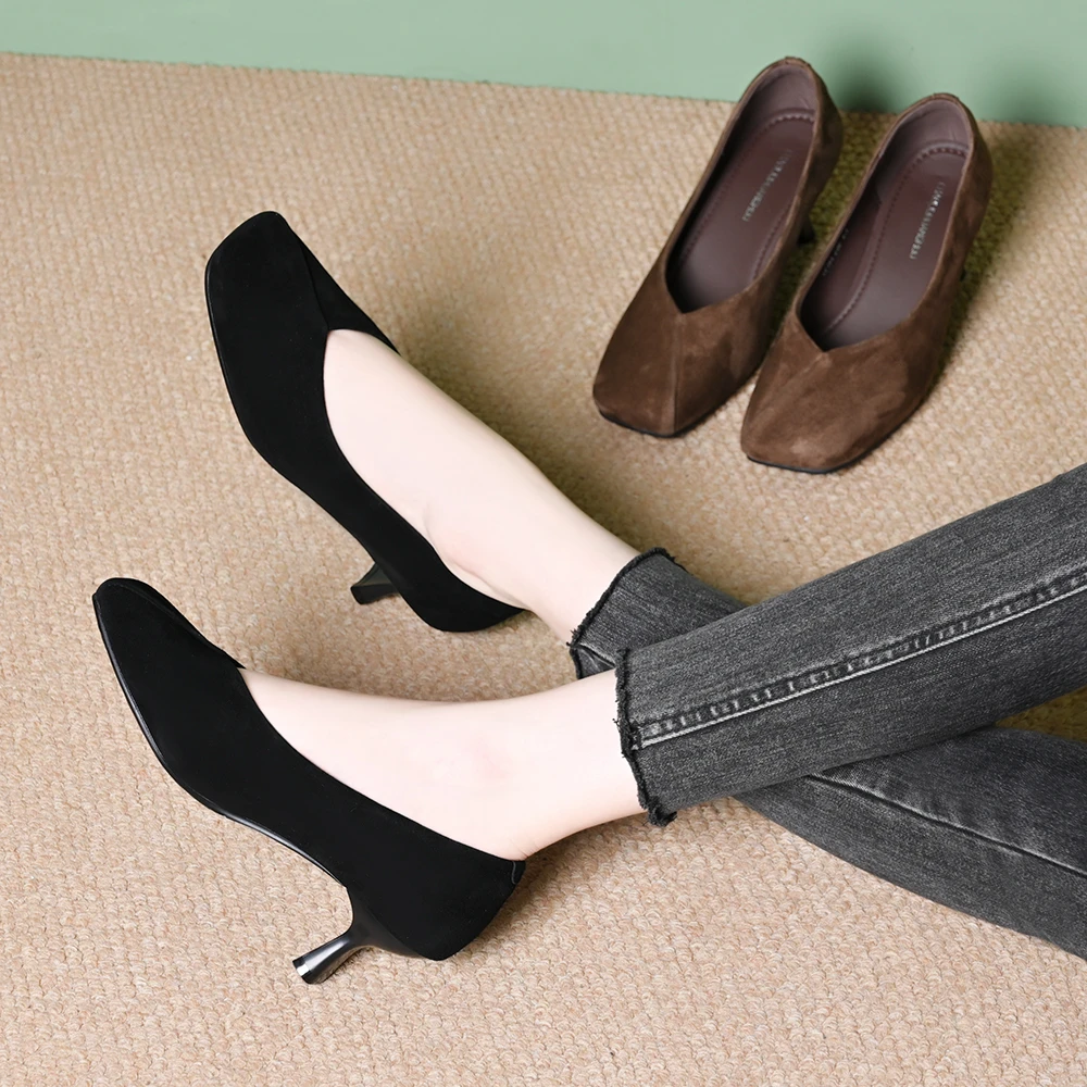 真皮羊皮法式绒面高跟鞋中跟不累脚单鞋百搭方头通勤职业舒适女鞋