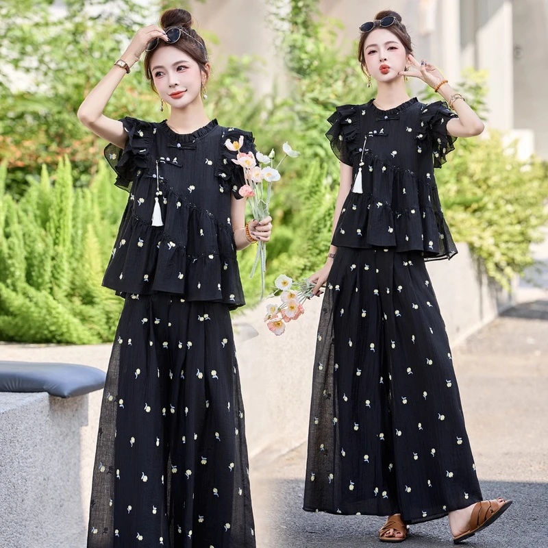 新中式国风刺绣盘扣套装女2025夏季新款高级感气质黑色气质连衣裙