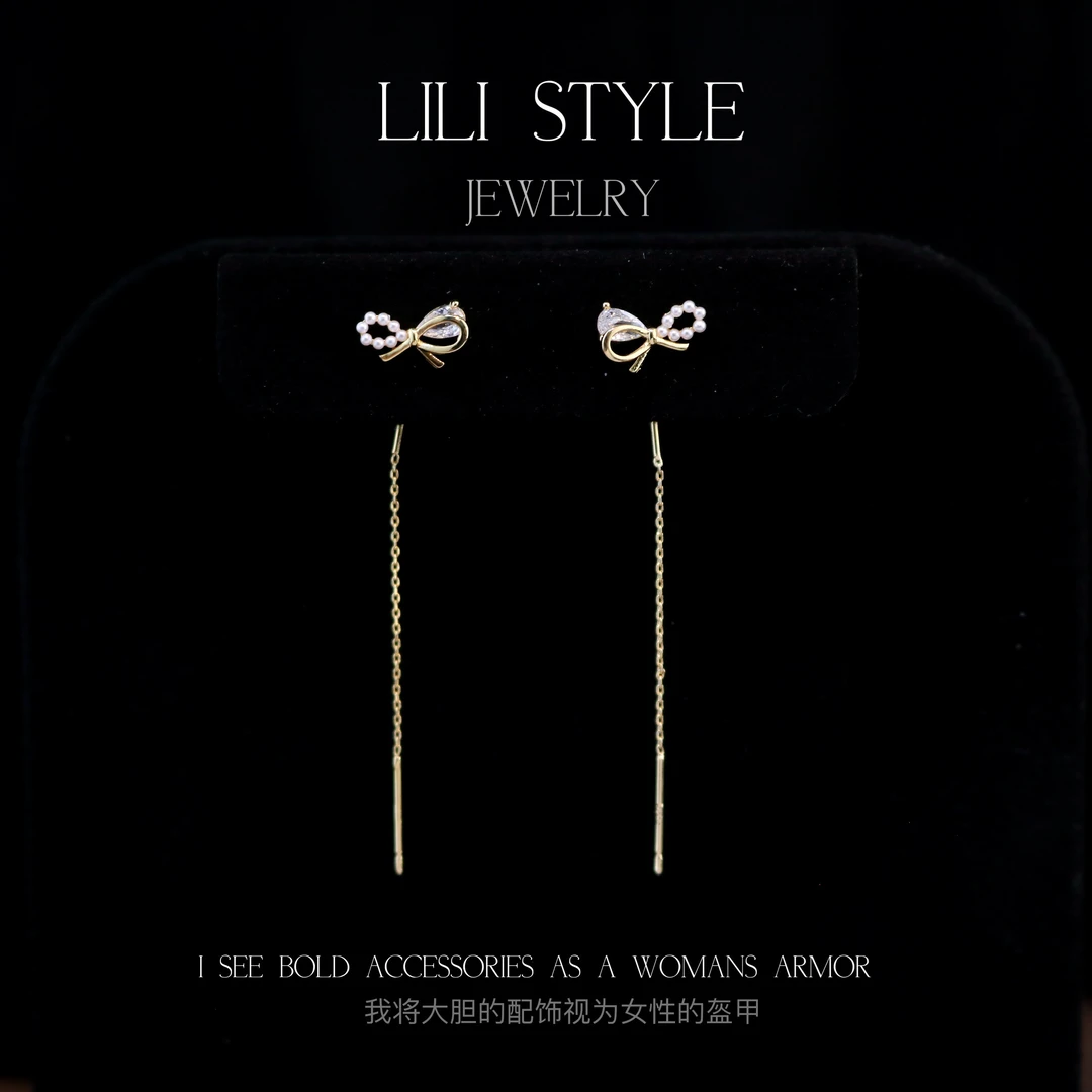 铜合金耳饰 气质蝴蝶结珠珠耳线日韩轻奢小众设计感耳环耳饰K575