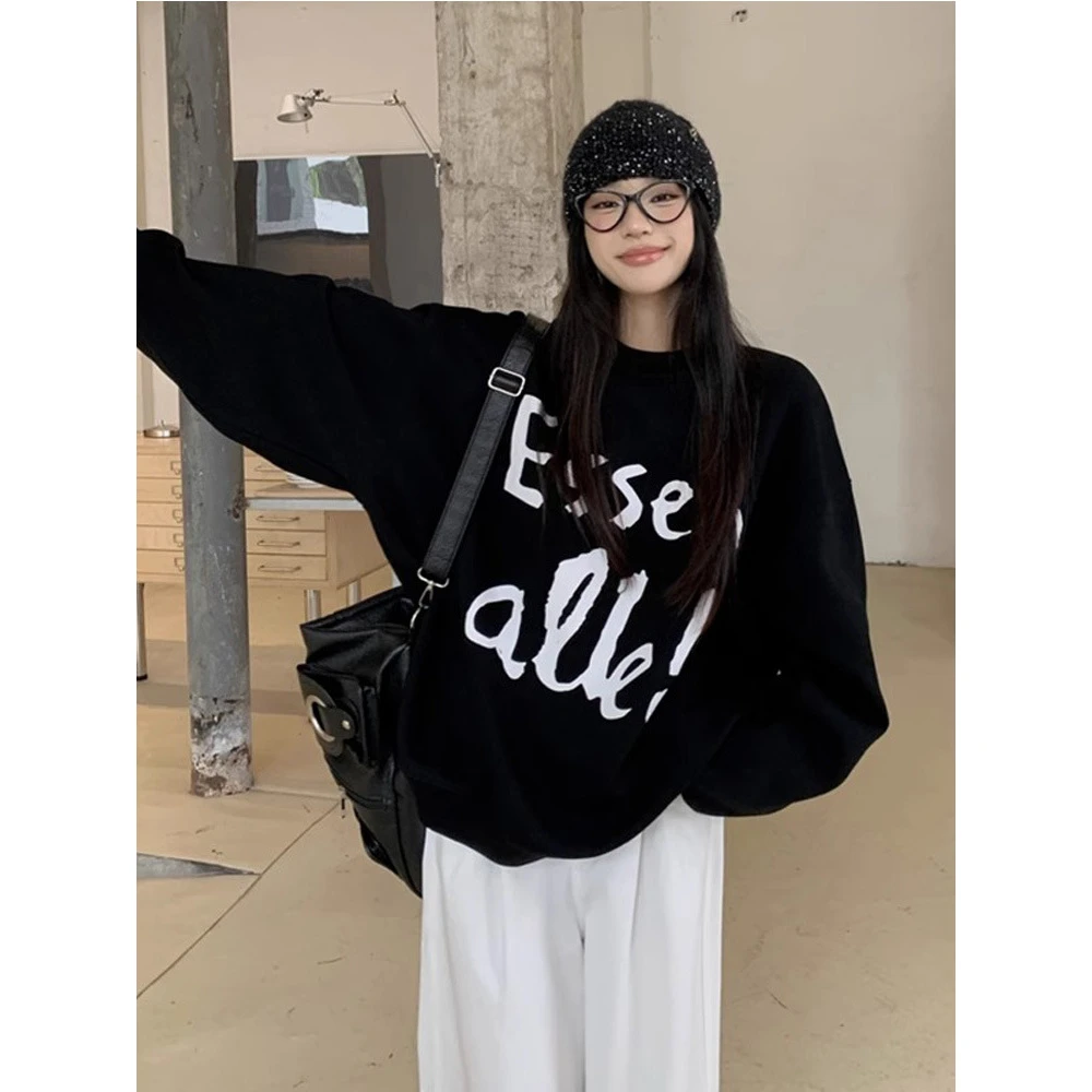 韩版黑色休闲圆领长袖卫衣女秋冬宽字母印花慵懒风套头加绒上衣