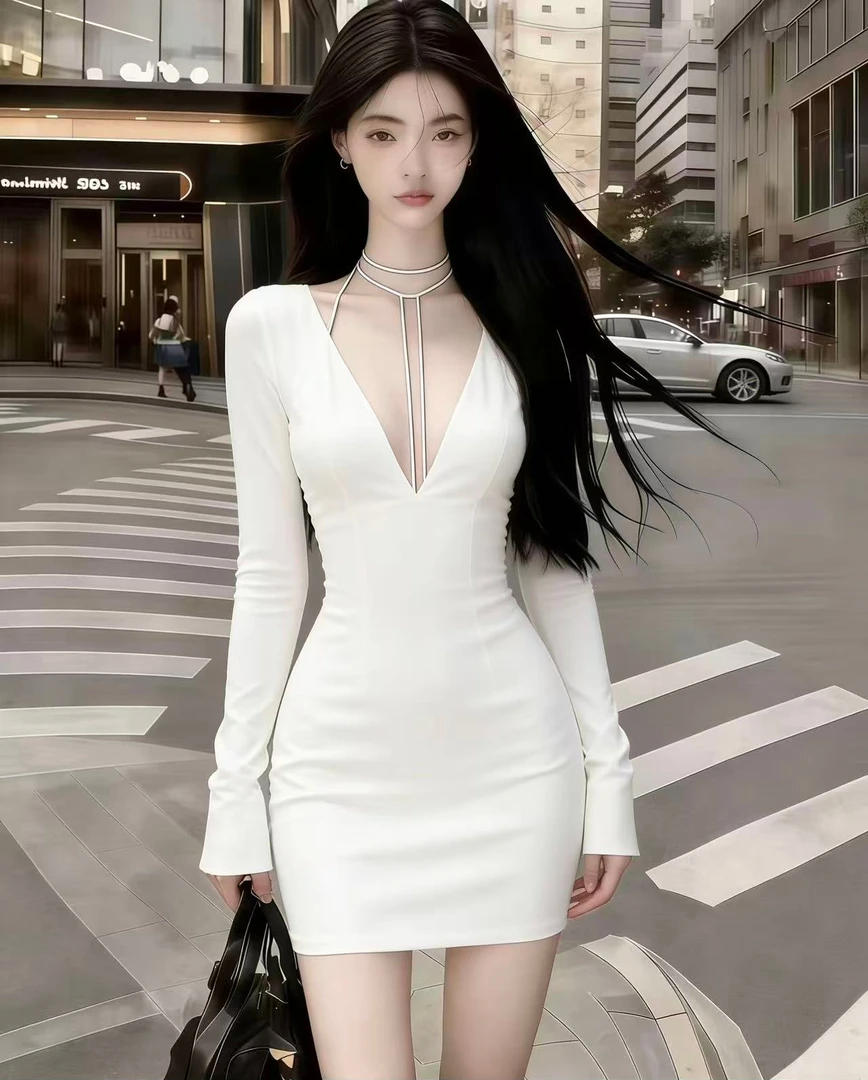 2025冬韩版新款性感纯欲辣妹风白色深V领修身长袖收腰包臀连衣裙