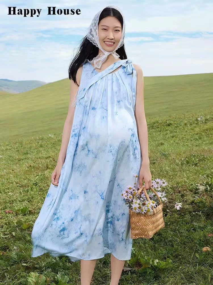 快乐屋夏薄款孕妇裙莱赛尔无袖连衣裙宽松扎染长裙HH32937