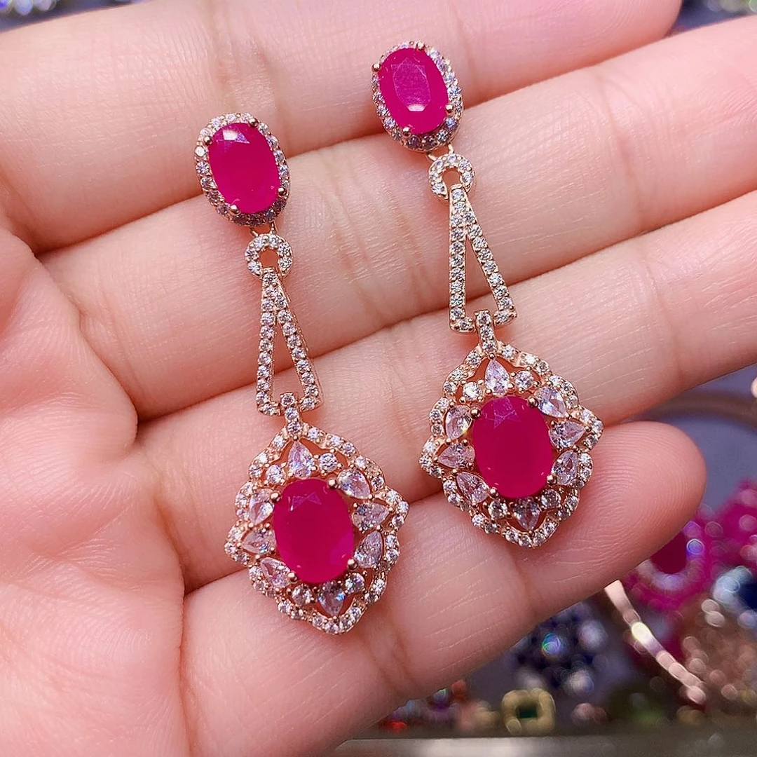 银S925镶嵌耳饰红宝石