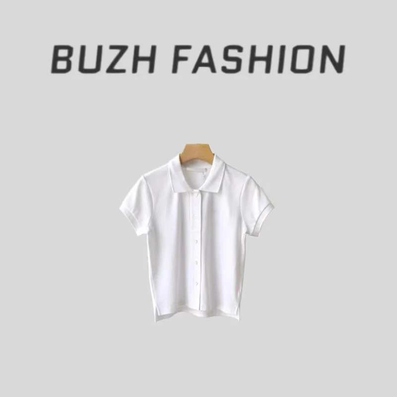 BUZH夏季新款“甜妹日记”纯色字母刺绣短款Polo衫休闲翻领开衫上衣