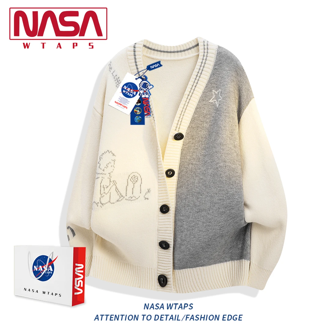 NASA WTAPS松弛感慵懒风毛衣外套男女同款秋季线衣拼色V领针织衫