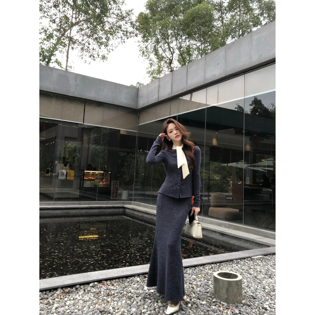 【名媛派对】气质设计感收腰显瘦氛围感针织上衣+包臀半裙TT1108