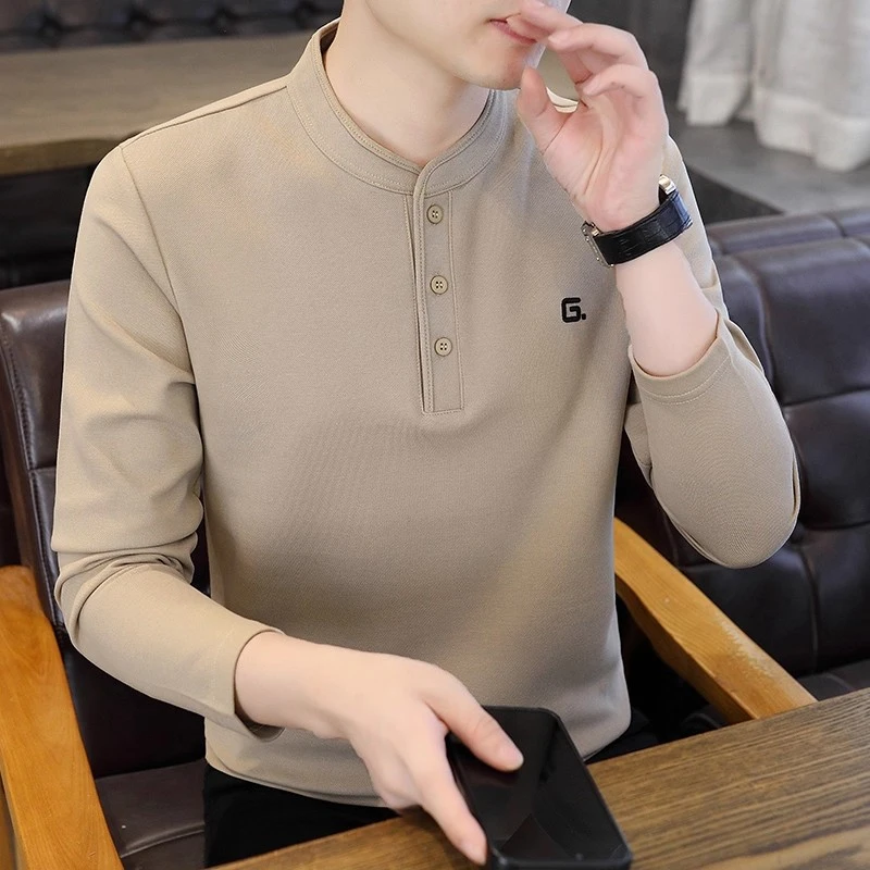 CQV秋冬季立领男士长袖t恤潮流修身体恤纯色款休闲打底衫百搭汗衫
