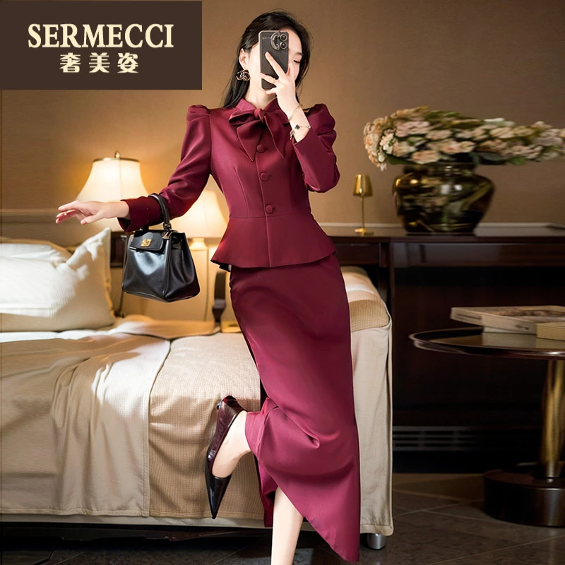 奢美姿秋季酒红色蝴蝶结高腰短外套包臀显瘦半身裙两件套装