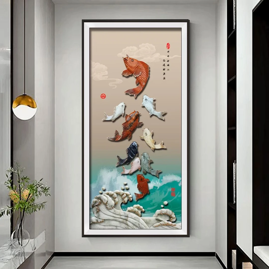 九头鸟玉雕画《九鱼聚财》沙发背景玄关卧室餐厅茶室办公室装饰挂画