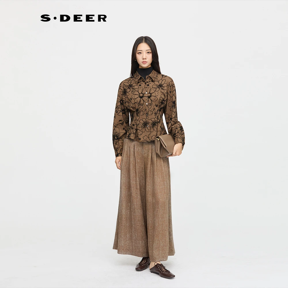 圣迪奥碎花气质时尚休闲复古翻领长袖印花衬衫S253Z0503