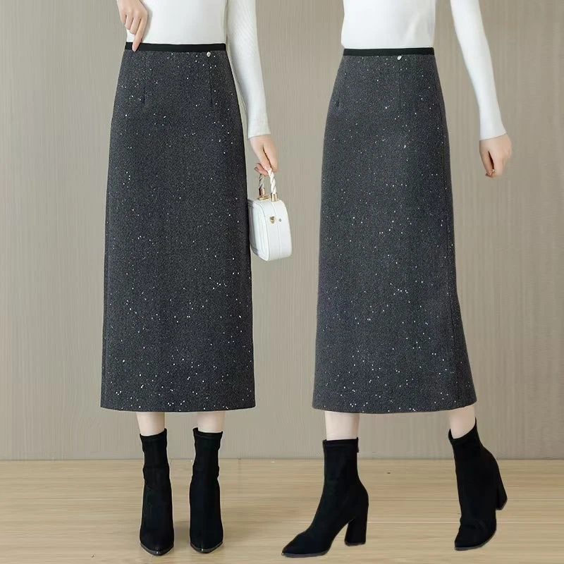 亮片毛呢半身裙女春秋2025新款高腰a字中长款女士加厚包臀裙子女