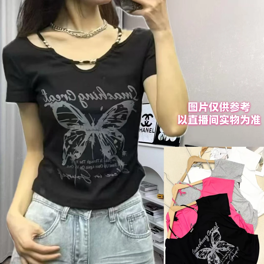 溪溪*系绳挂脖蝴蝶字母印花短袖上衣不规则设计感显瘦百搭时尚