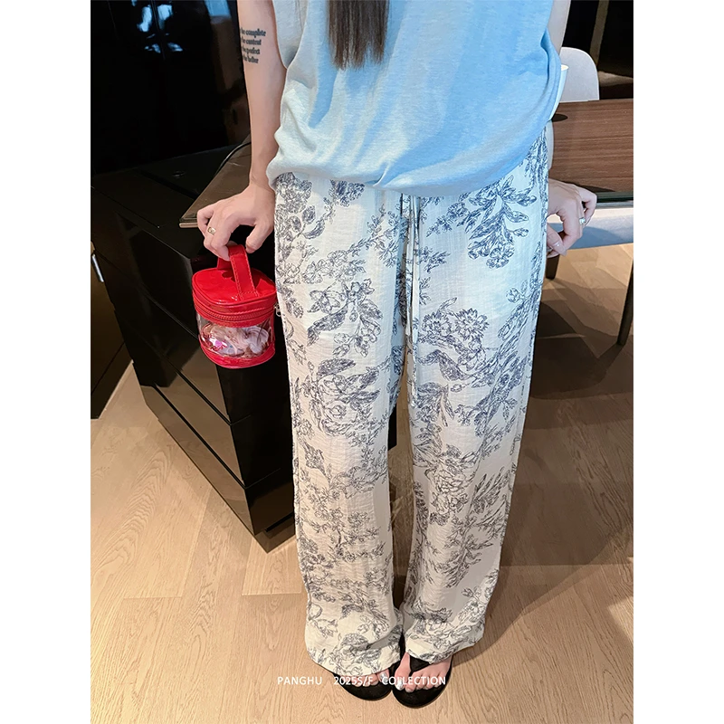 Panghu2025SF【青花瓷】水墨印花新中式休闲裤夏季慵懒宽松直筒裤