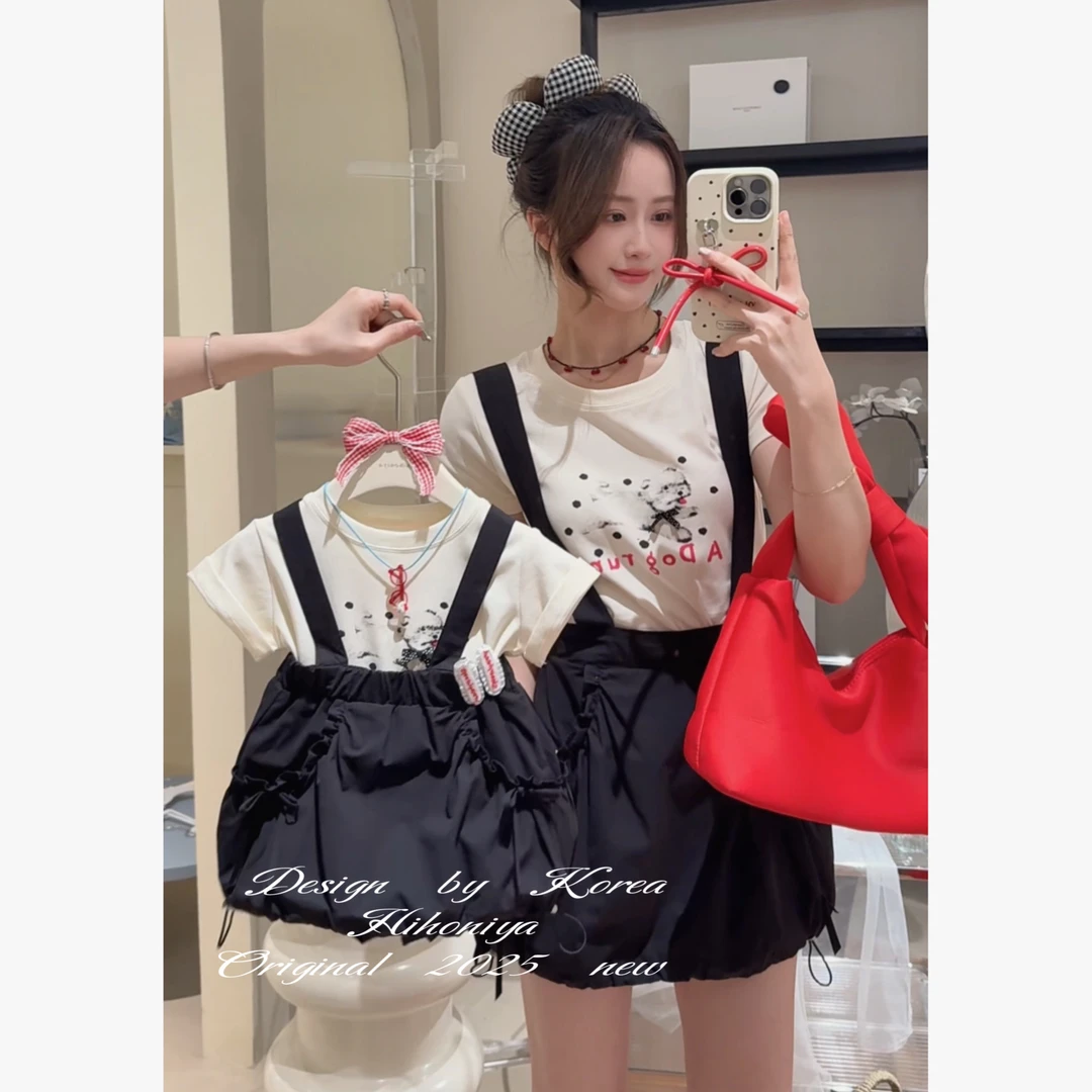 【黑巧曲奇】六Hihoniya~2025夏季欧若风亲子小狗印花两穿背带套装