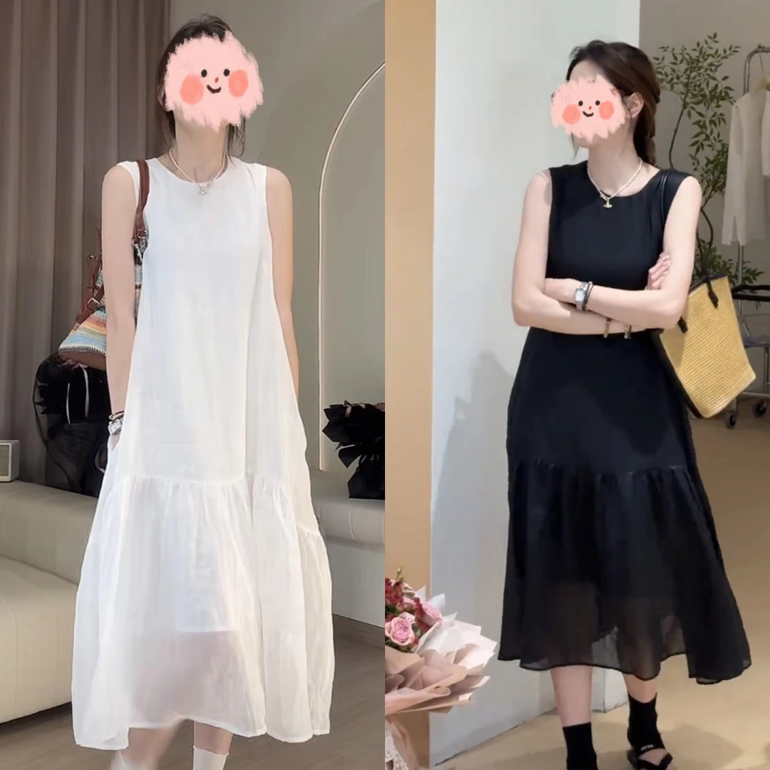度假洋气衣服纯色无袖慵懒宽松连衣裙夏季新款背心减龄透气套装裙