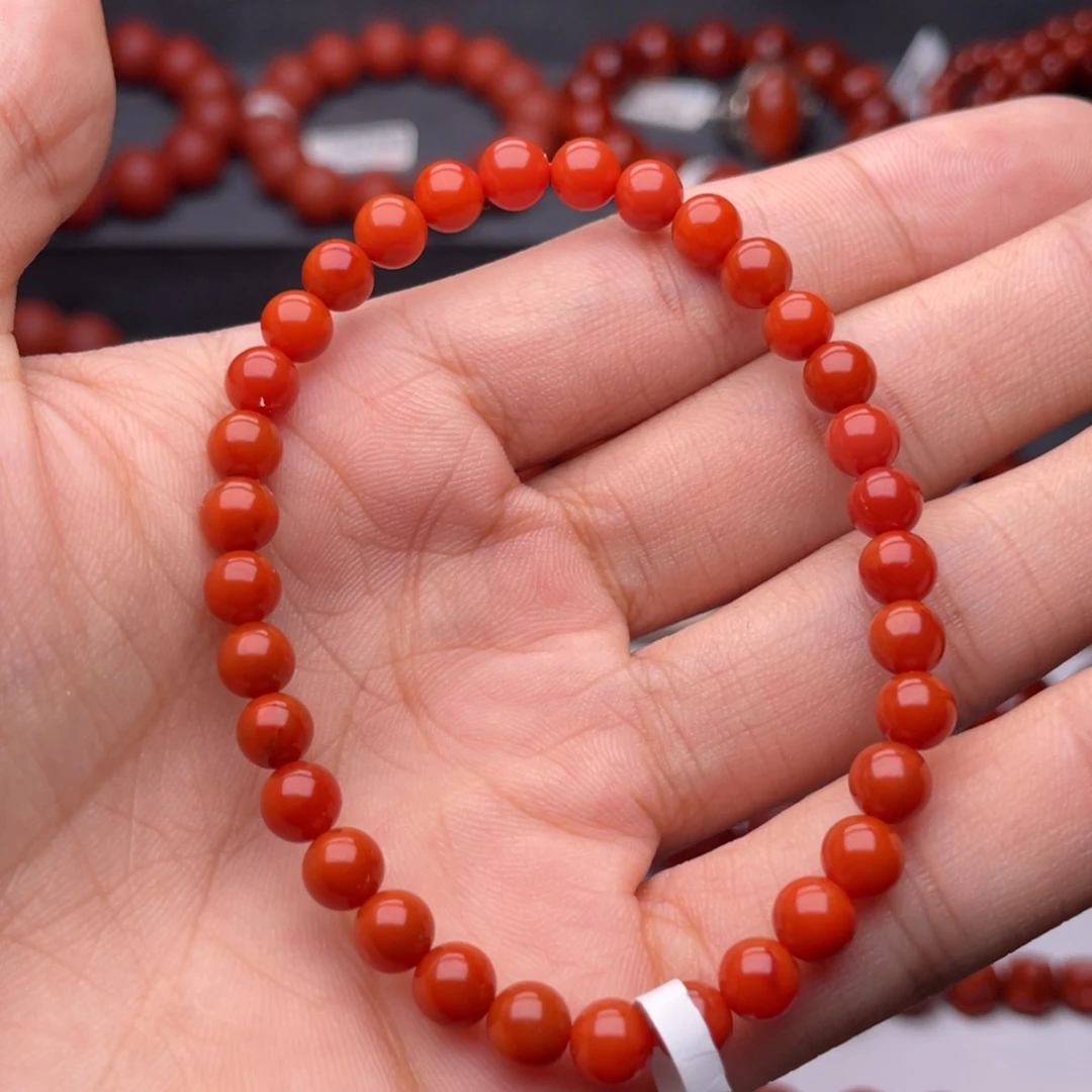 南红玛瑙未镶嵌手串H5.8mm满肉柿子红手串
