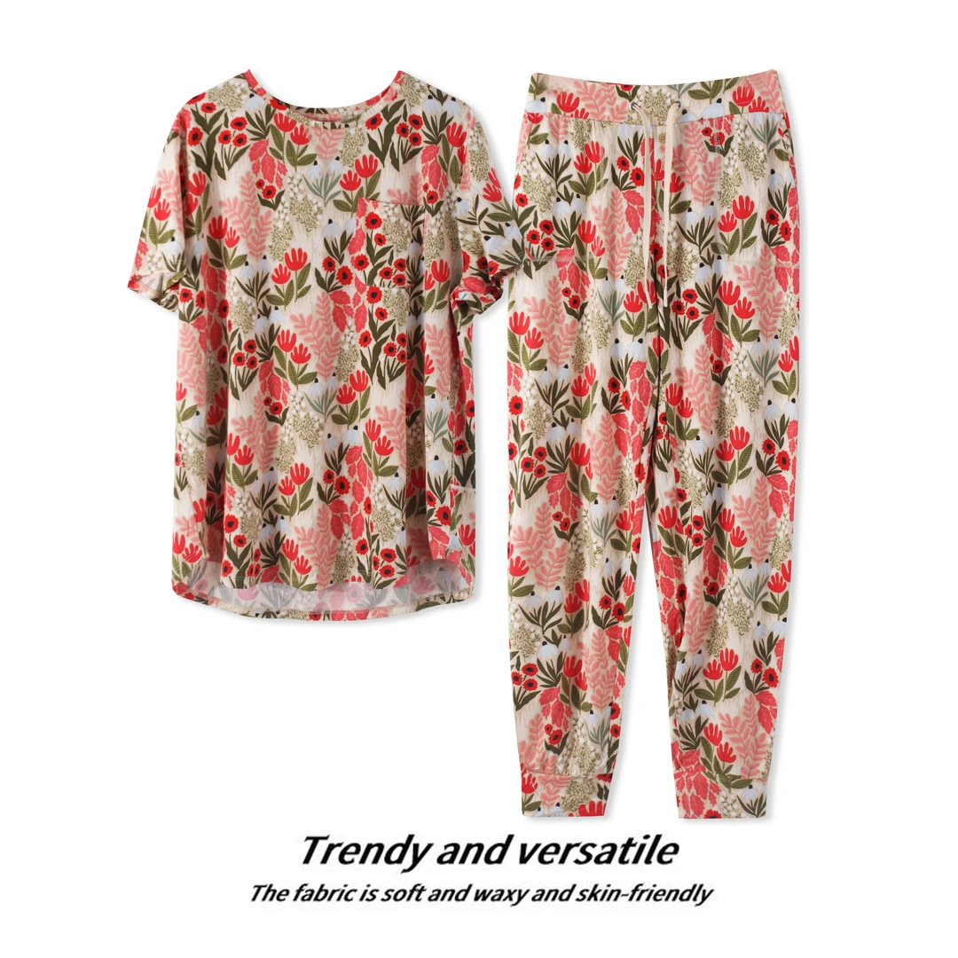 春季女士印花家居套装短袖长裤亲肤柔软01181休闲宽松可外穿