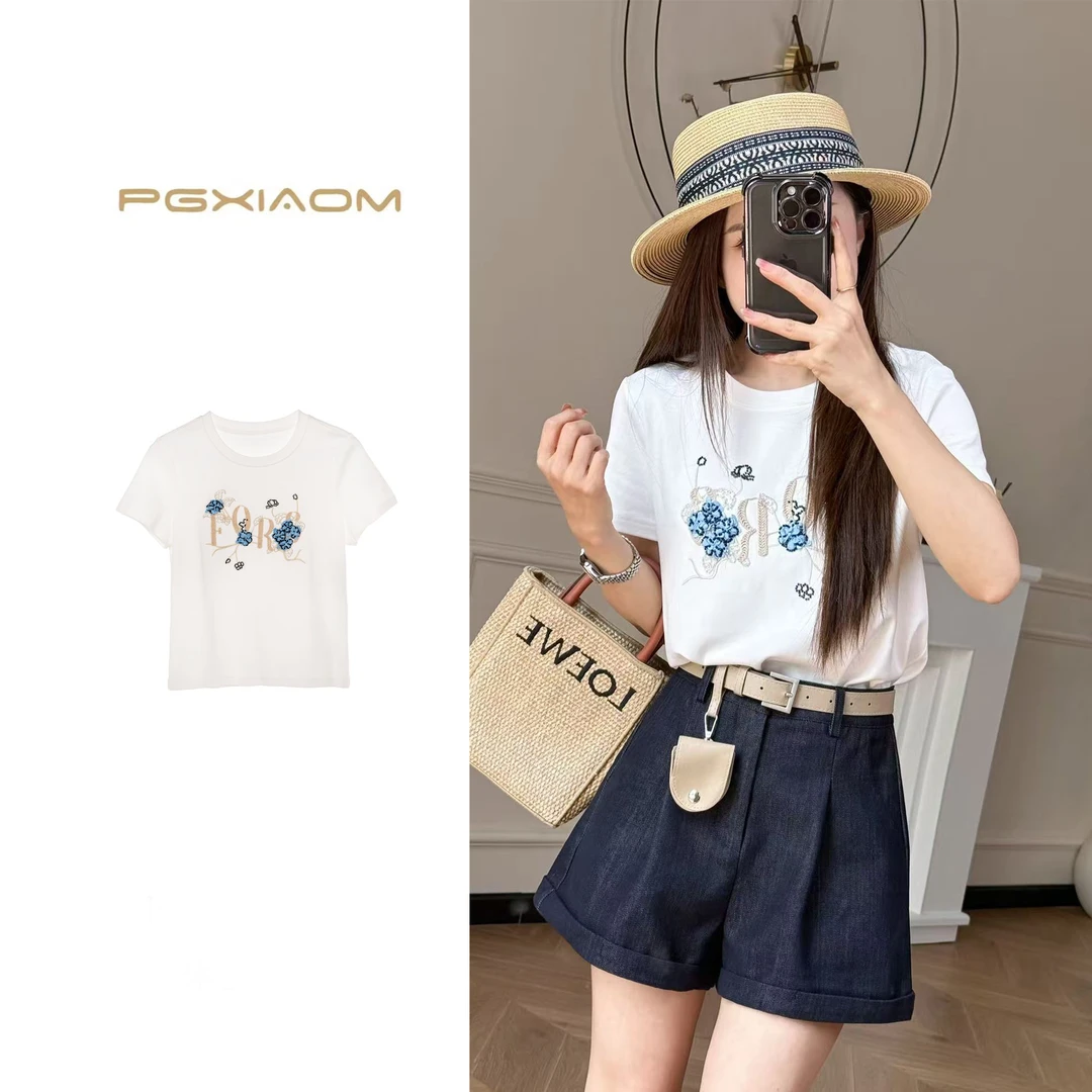 【PGXIAOM】润秀定制白色立体绣花字母T恤衫TX9957