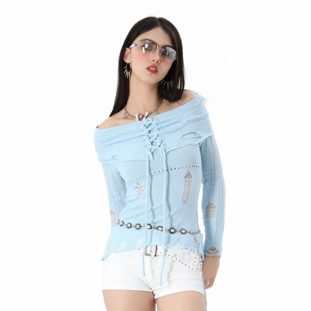 ANPK春季破洞辣妹风长袖条纹毛针织衫A5F05C5254