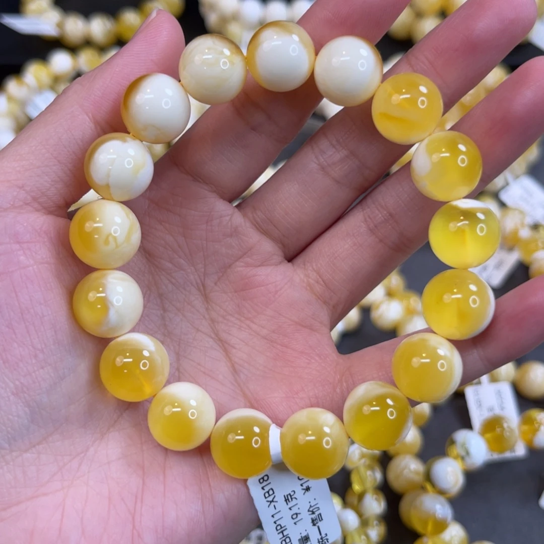 兰***姬蜜蜡未镶嵌手链12.5mm金瓷白溏心蛋溶洞