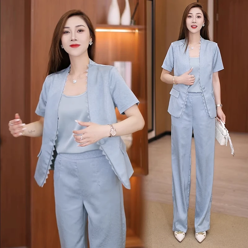 拉夏贝尔短袖套装女2025夏季新款质显瘦职业西服外套阔腿裤三件套