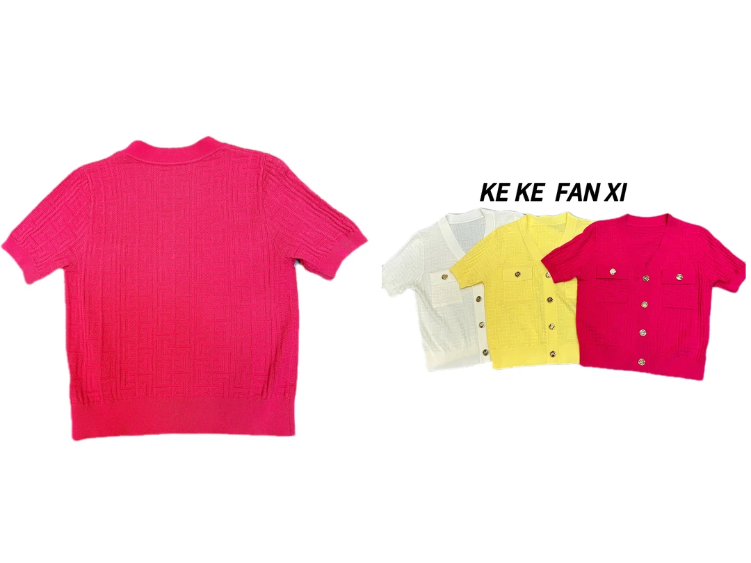 2956金扣V领短袖开衫时尚休闲百搭韩版纯色宽松春夏女士经典