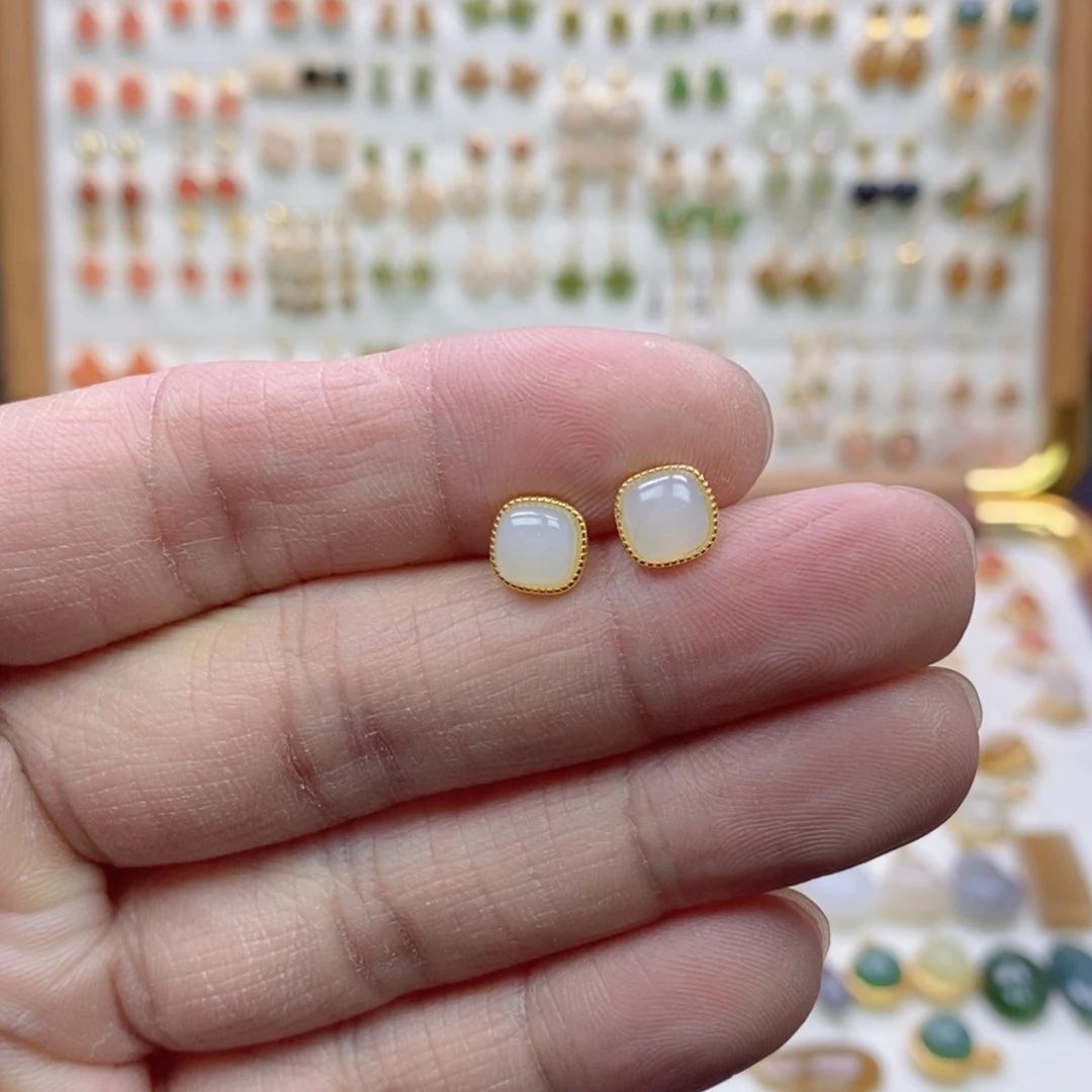 和田玉银S925镶嵌耳饰