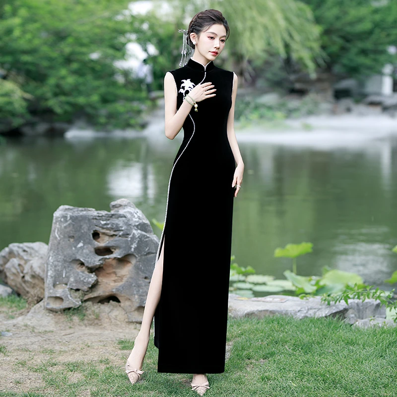 曼娇娘丝绒旗袍高档无袖钉珠模特形体走秀演出服中老年长款连衣裙