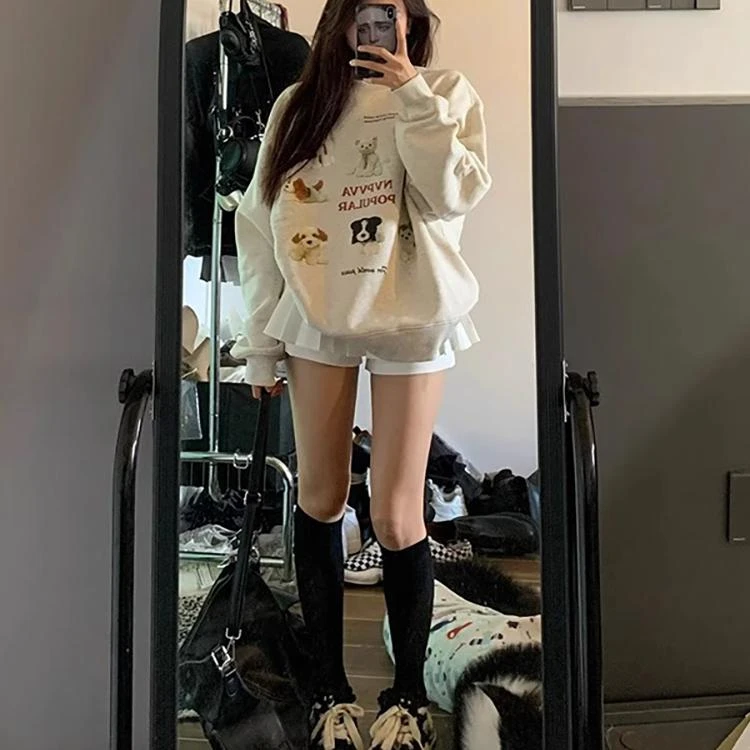 美式复古潮牌oversize圆领卫衣女秋冬新款chic慵懒风无帽加绒